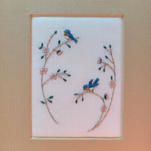 Midcentury Modern Other - Set of 2 - Hand Embroidered Vintage Blue Bird Wall Art